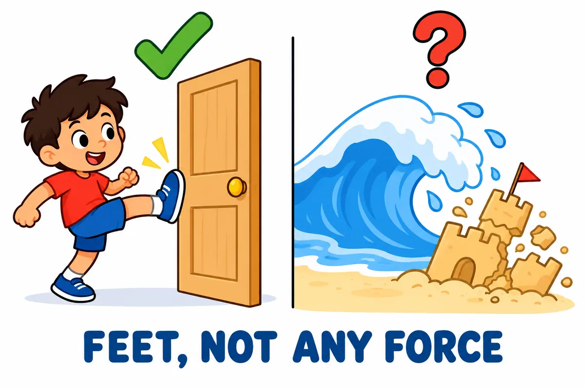 A cartoon split scene contrasts a child kicking a door with a wave knocking down a sandcastle.