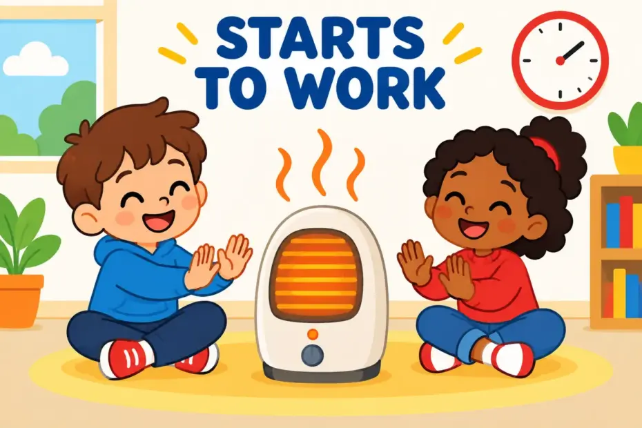 Cartoon pupils watch a heater switch on by itself after a timer, showing kick in in a sentence as an effect taking hold.