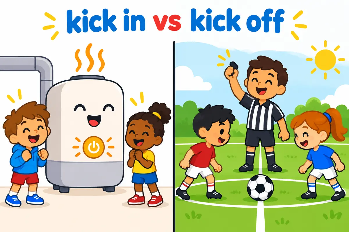 A cartoon split scene contrasts a machine switching on by itself with a referee blowing a whistle to launch a game.