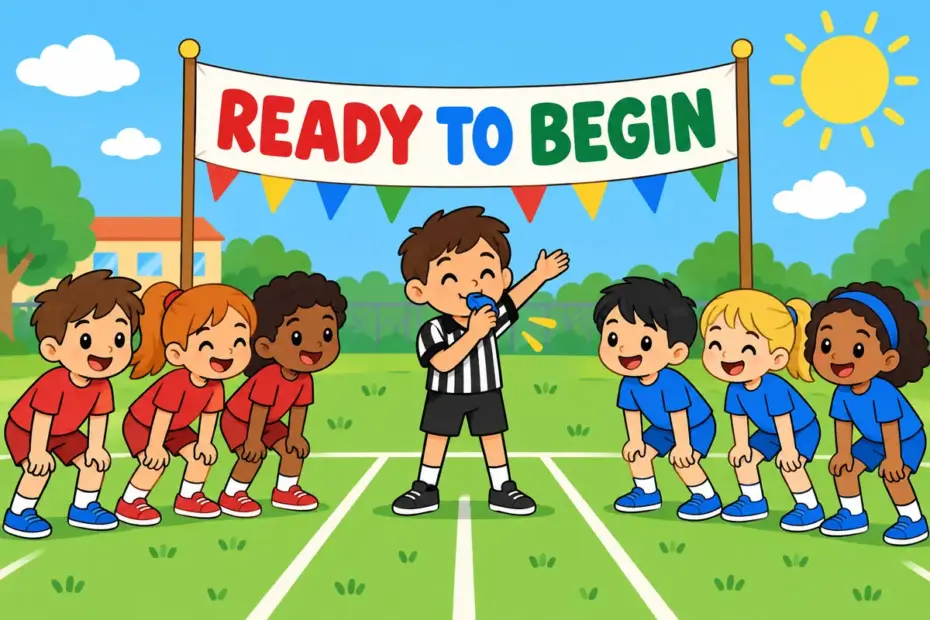 Cartoon children start a school sports day, illustrating kick off in a sentence as the moment an event begins.