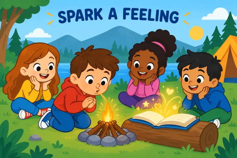 Cartoon child blows gently on twigs to start a campfire while a storybook glows beside them, showing kindle in a sentence.