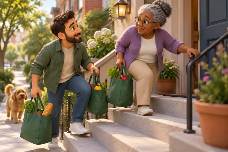 A neighbor helps someone carry grocery bags up the front steps.