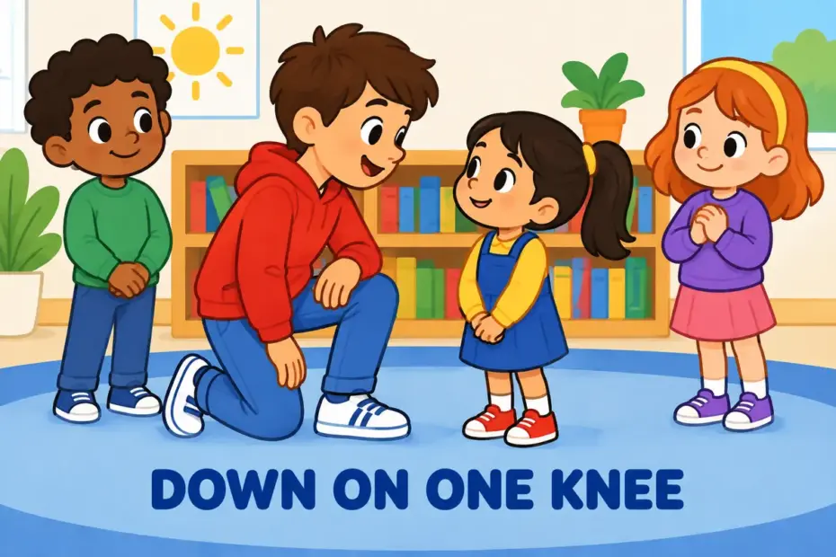 Cartoon children kneel on the floor to help a small friend, illustrating kneel down in a sentence as a low, gentle posture.