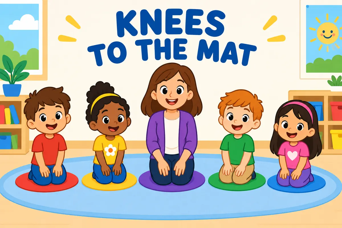 Cartoon children kneel on individual mats in a classroom, showing kneel down in a sentence with no direct object.