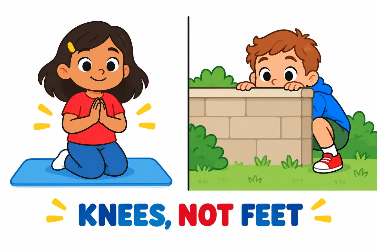 A cartoon split scene contrasts a child kneeling to pray with a child crouching behind a low wall.