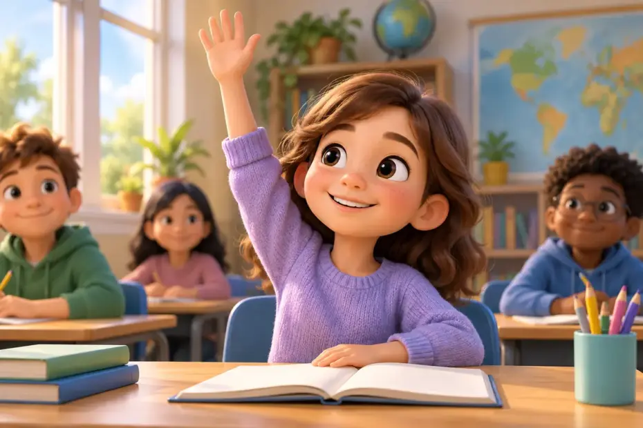 A student raises a hand beside an open blank notebook.