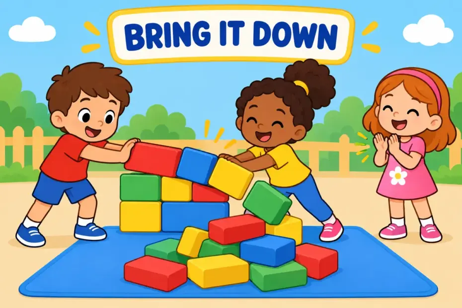 Cartoon children watch a low toy wall topple gently, showing knock down in a sentence as making something fall.