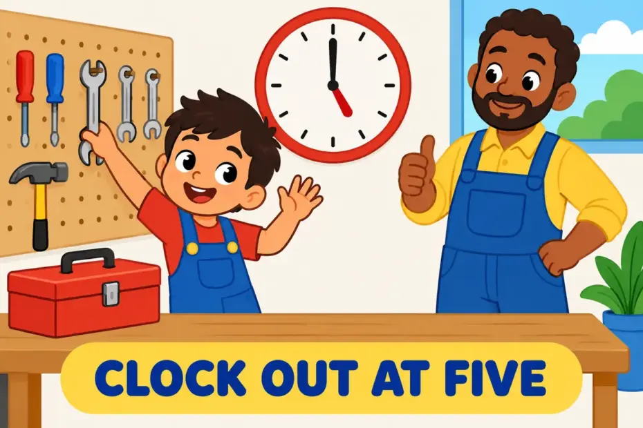 Cartoon children finish workshop jobs beside a clock, illustrating knock off in a sentence as ending the working day.