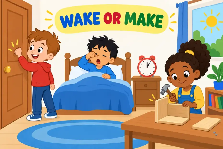 Cartoon children knock on a bedroom door to wake a friend while another child quickly builds a shelf, showing knock up in a sentence.