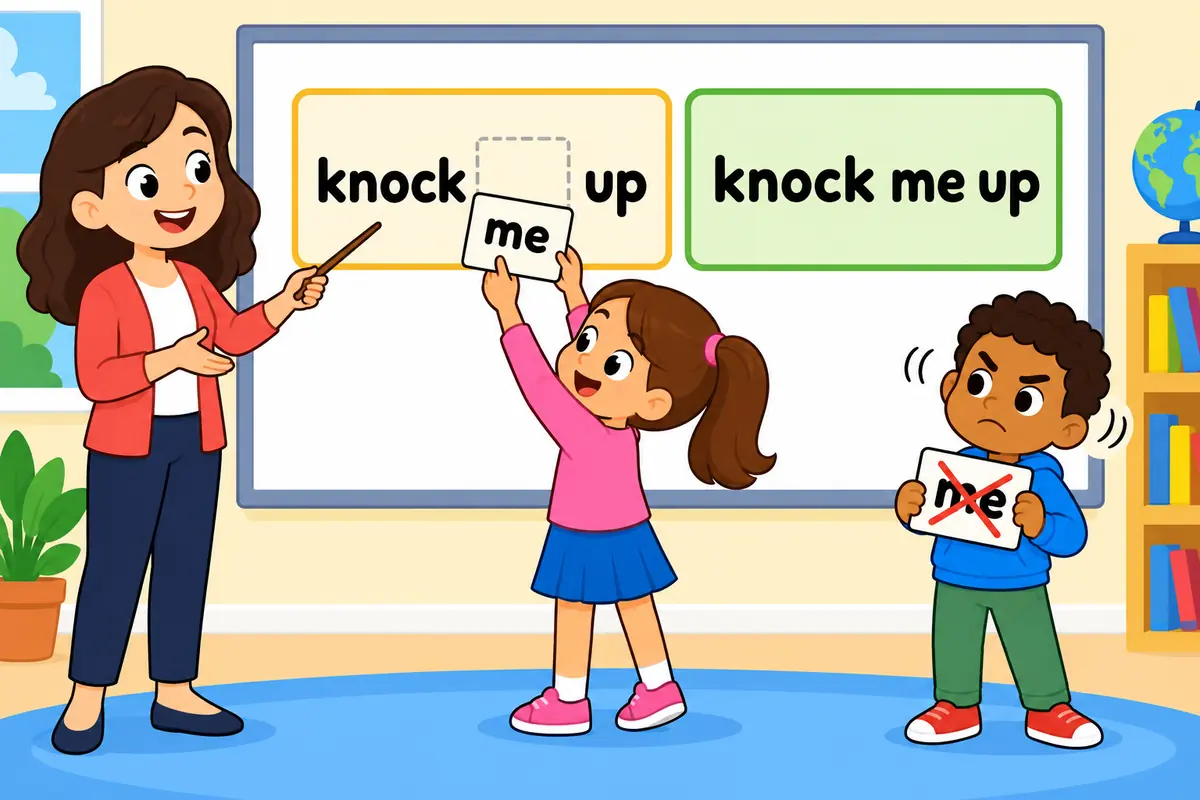 A cartoon board shows the pronoun me slotting between knock and up, with a cross beside the wrong order knock up me.