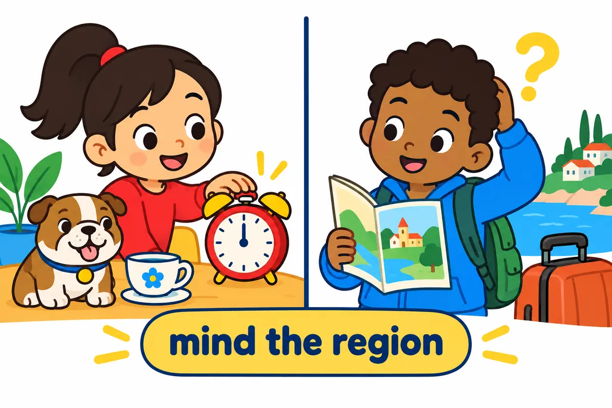 A cartoon split scene contrasts a polite British alarm clock with a puzzled American traveller holding a phrasebook.
