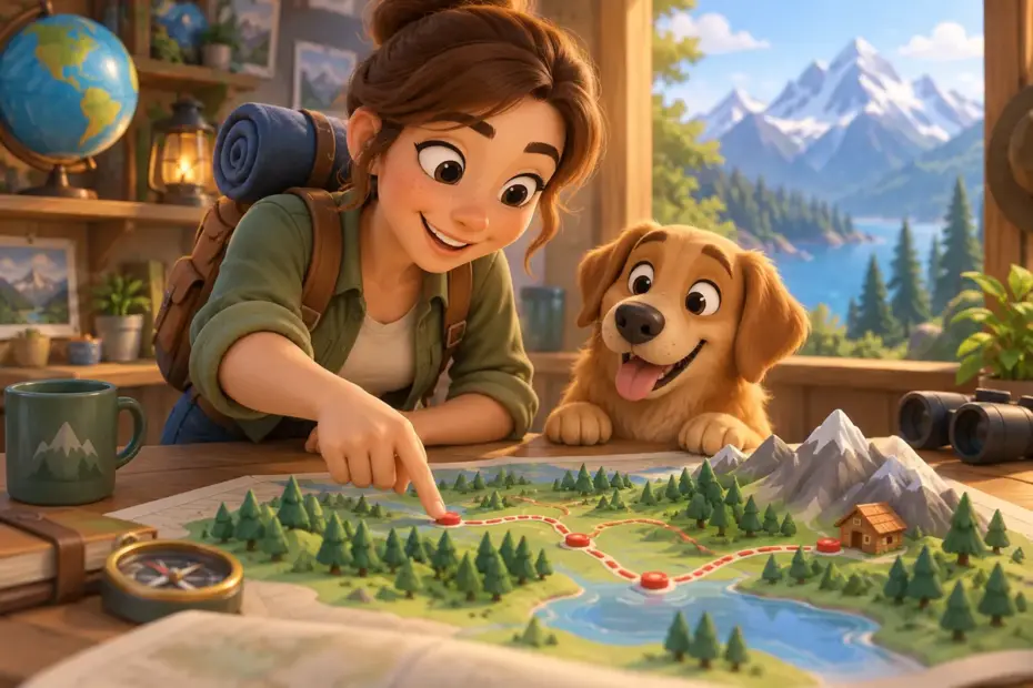 A traveler points at a simple route model on a table.