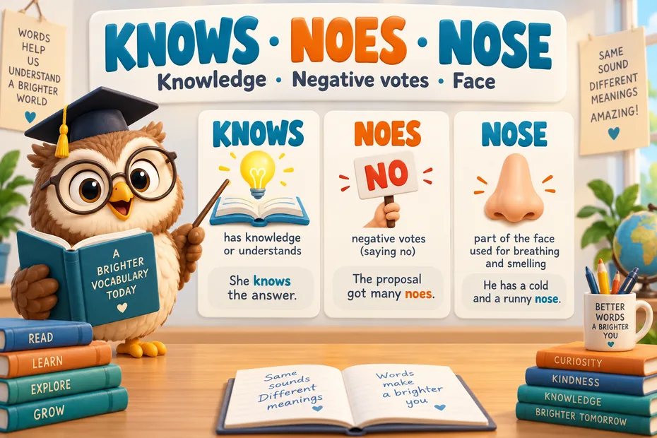 Knows means knowledge; noes means negative votes; nose is a facial feature.