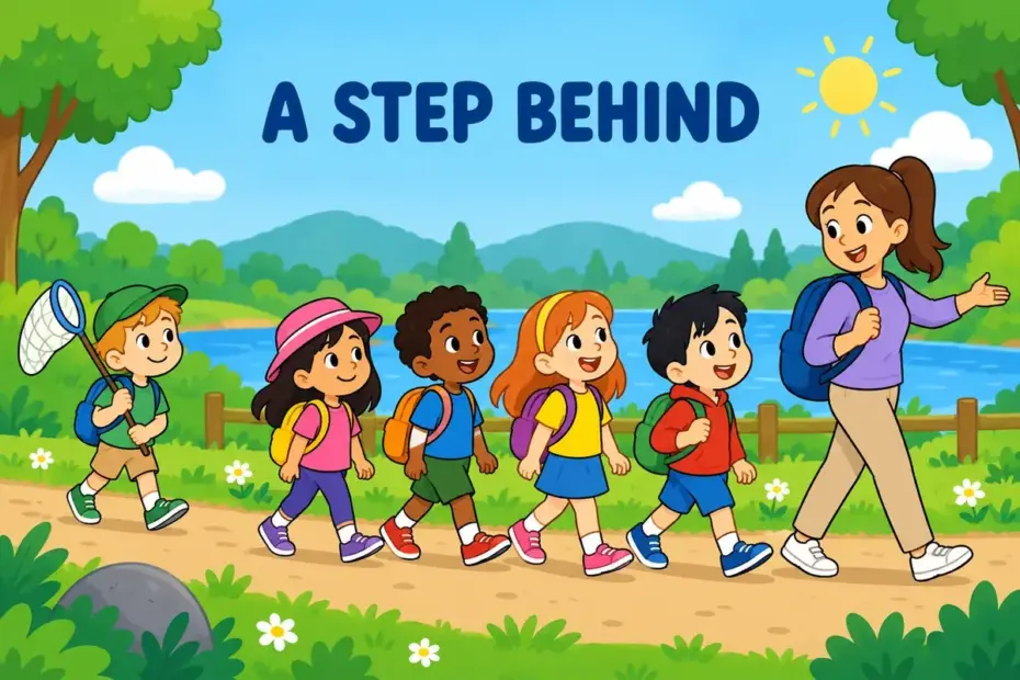 Cartoon pupils on a nature walk show lag behind in a sentence as one child trails at the back of the line.