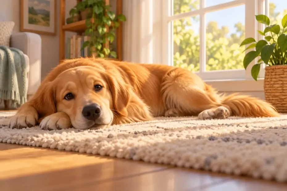 A golden retriever lies stretched out on a soft rug beside a sunlit window.