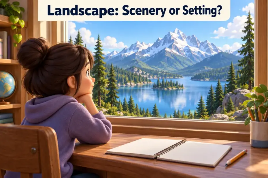 A student looks across a layered mountain and lake landscape while preparing to write.