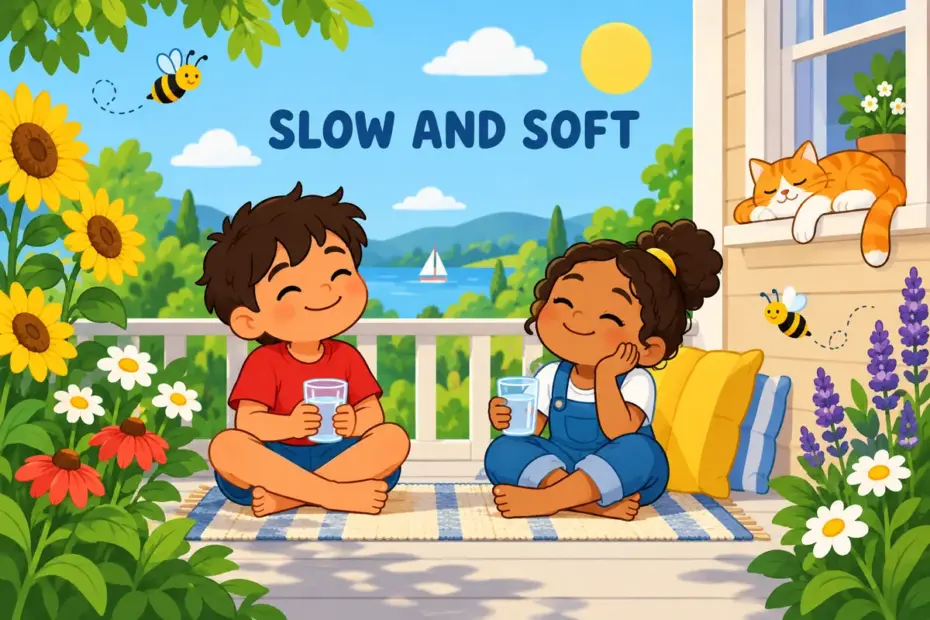 Cartoon children rest on a veranda as bees drift slowly past, showing languid in a sentence as gentle slowness.