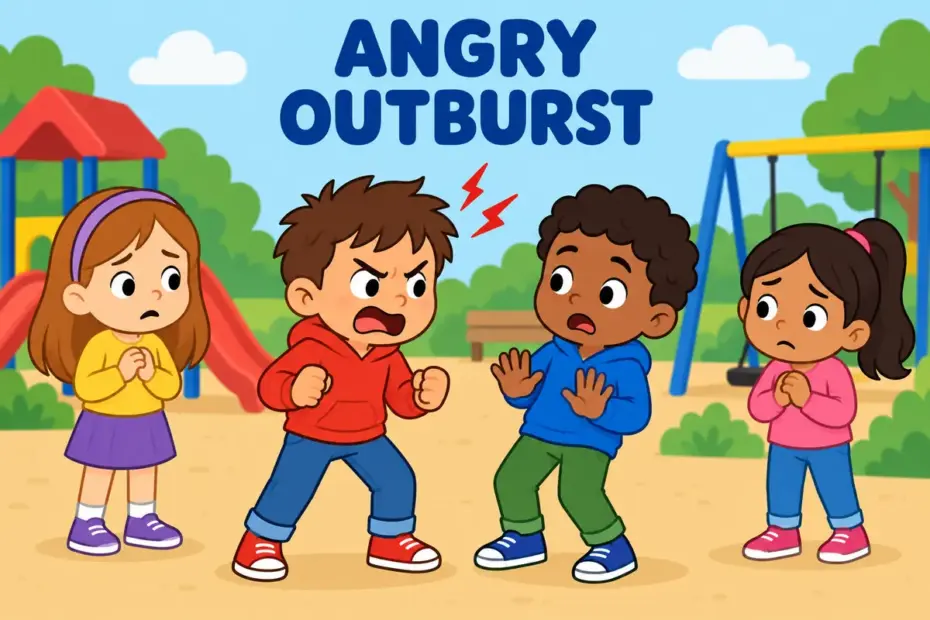 Cartoon child raises a hand and speaks sharply, showing lash out in a sentence as a sudden outburst.