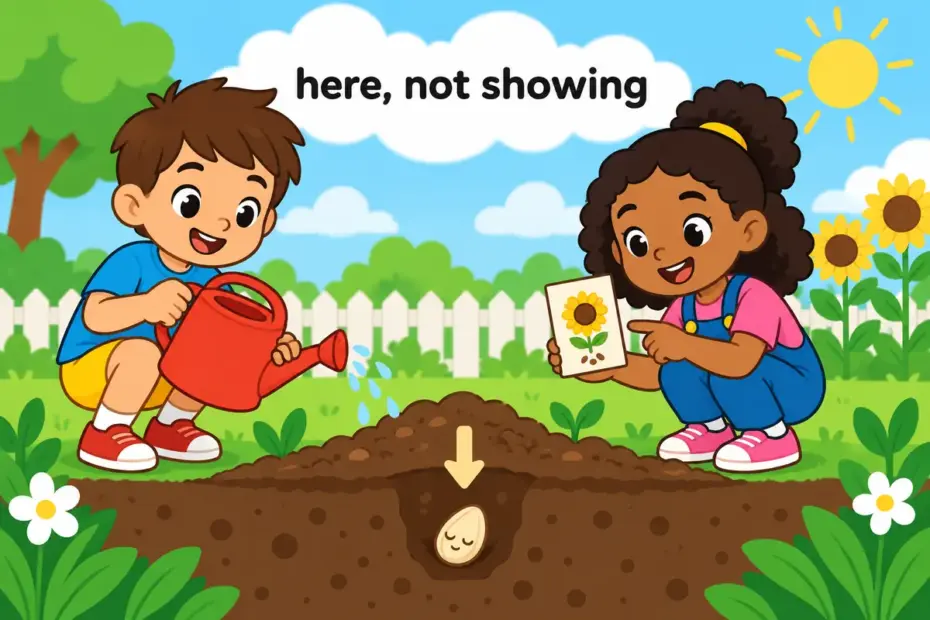 Cartoon children water soil above a sleeping seed, showing latent in a sentence as potential present but not yet grown.