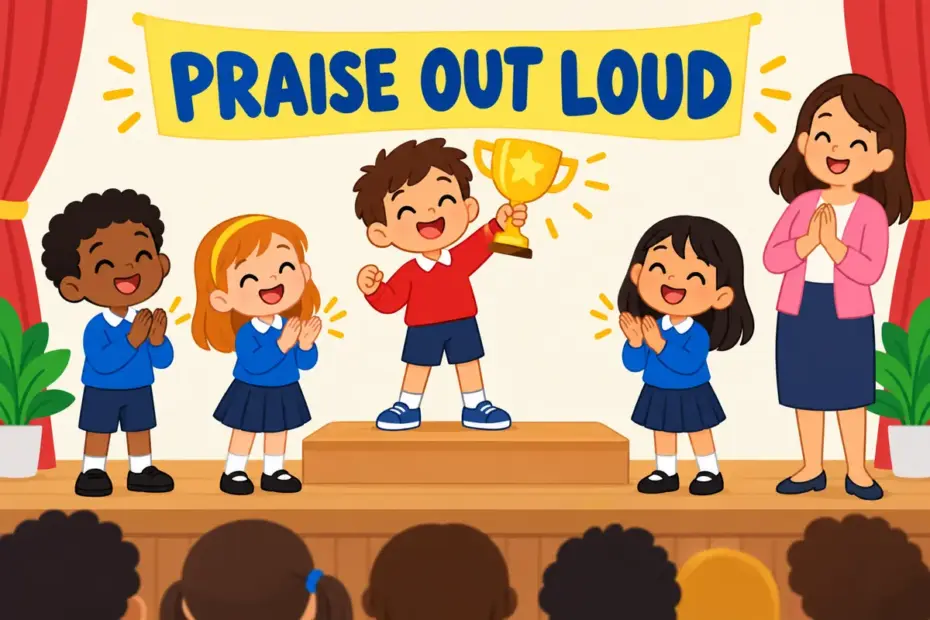 Cartoon children present a trophy as a crowd applauds, showing laud in a sentence as high public praise.