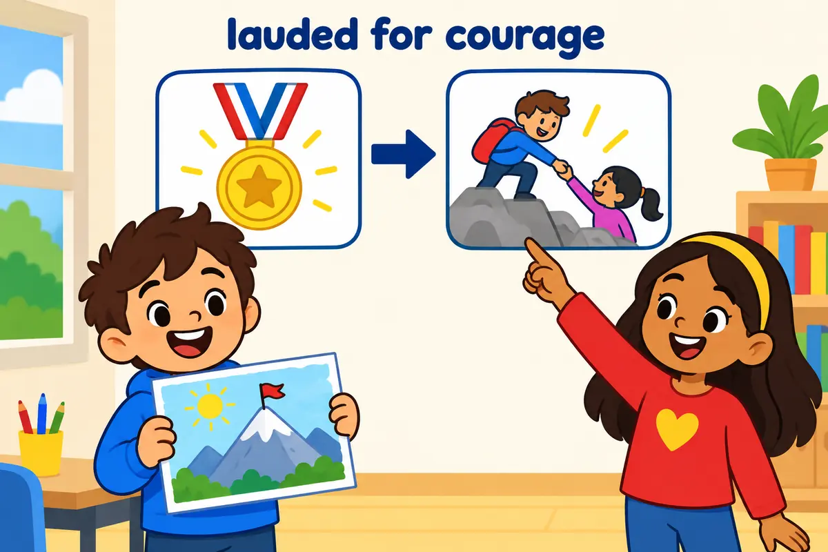 A cartoon child holds up a friend&rsquo;s painting while a judge&rsquo;s card reads for its colour after the verb laud.