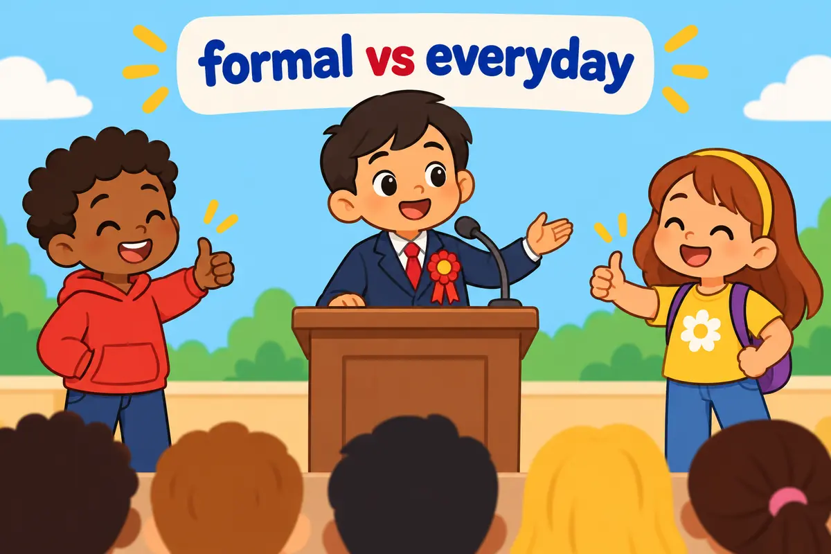 A cartoon split shows a formal speech praising one child beside a casual thumbs-up for another.