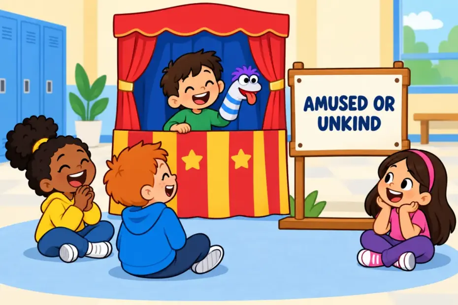 Cartoon children giggling at a funny puppet, showing laugh at in a sentence as shared amusement.