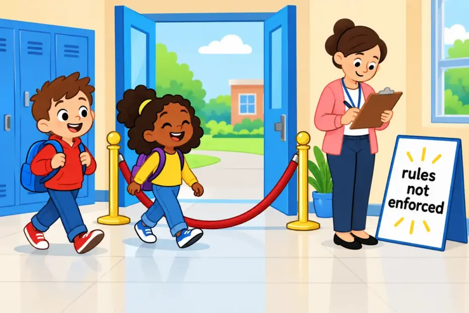 A cartoon school corridor shows a sagging rope barrier and an open gate while an adult looks away, illustrating lax in a sentence.