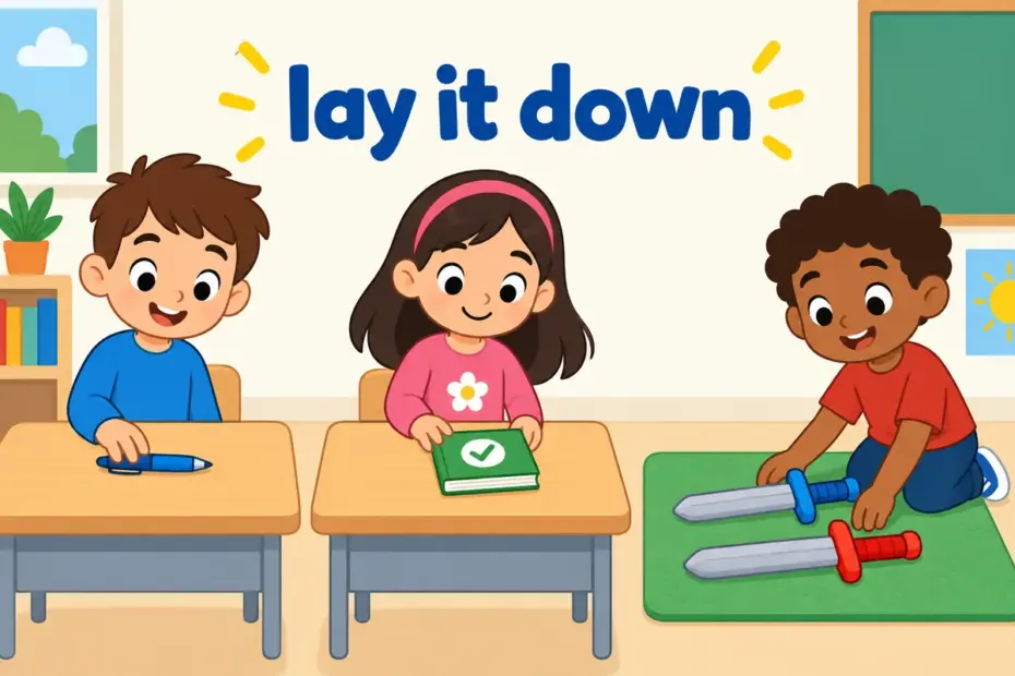 Cartoon children place a pen, a rule book and toy weapons down on a table, showing lay down in a sentence.