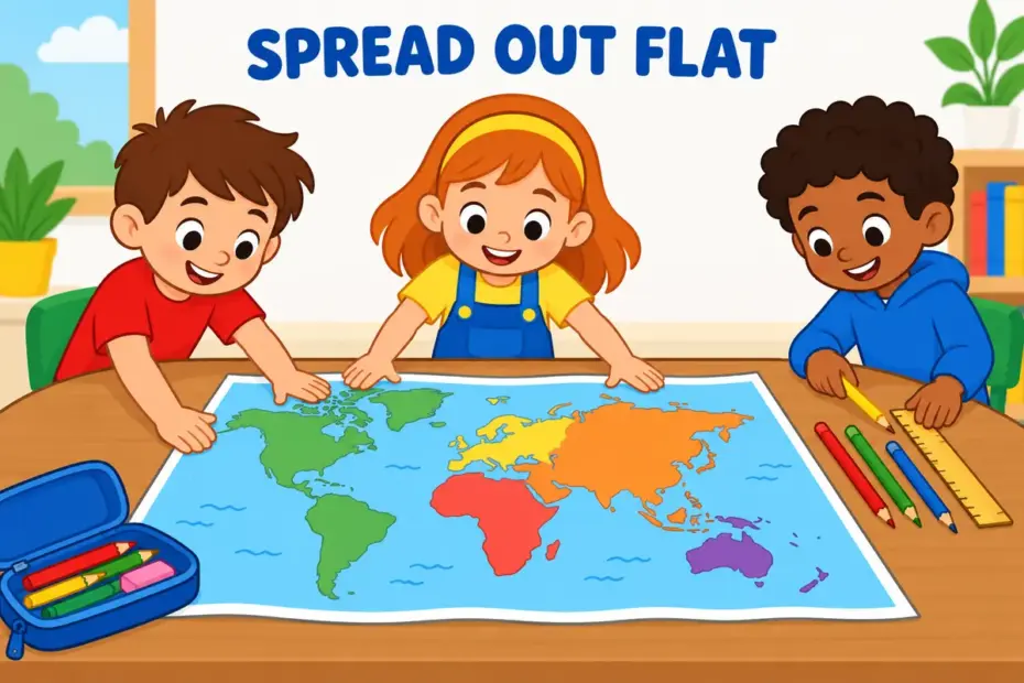Cartoon children lay out a large map and pencils flat across a table, showing lay out in a sentence as spreading things out to see them.