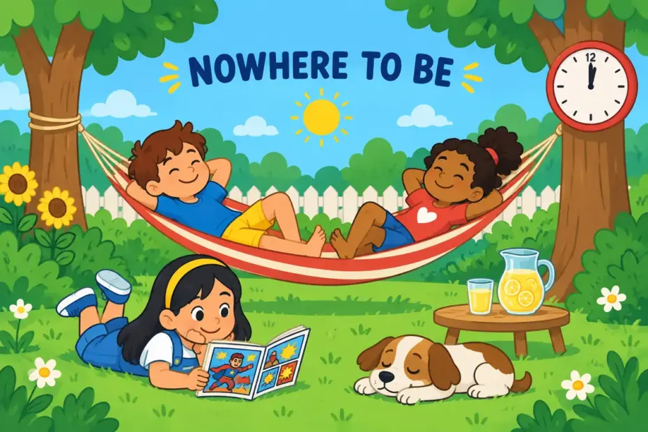 Cartoon children stretch out on a hammock and grass, showing laze about in a sentence as relaxed idling.