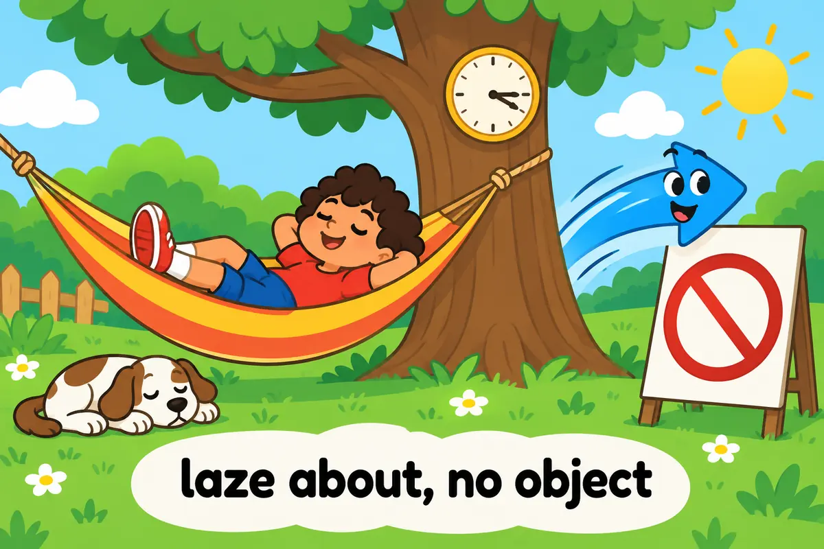 A cartoon hammock scene shows a relaxed child while a crossed-out object card floats past, teaching that laze about takes no object.