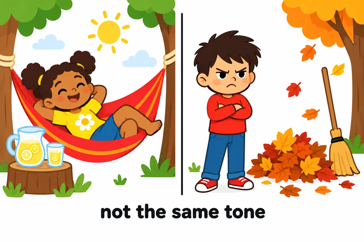 A cartoon split scene contrasts a relaxed child on a hammock with a scowling child refusing to help with chores.