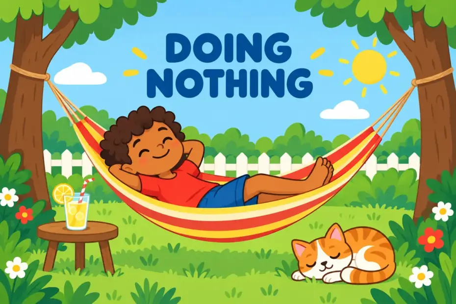 A cartoon child lies in a hammock with lemonade, showing laze around in a sentence as relaxed idleness.