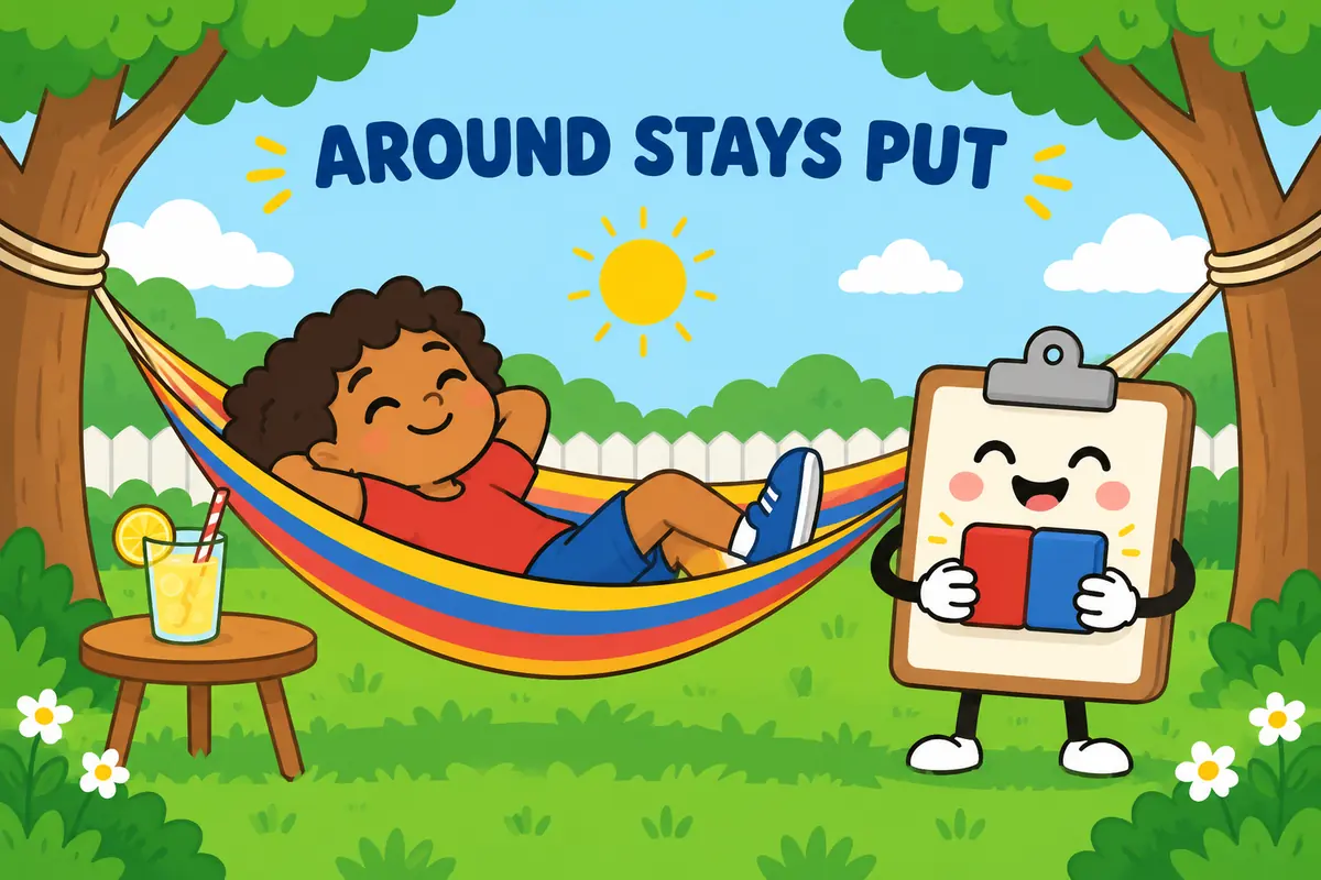 A cartoon child lounges in a hammock while the word around stays pinned to laze on a clipboard, teaching that the phrasal verb never splits.