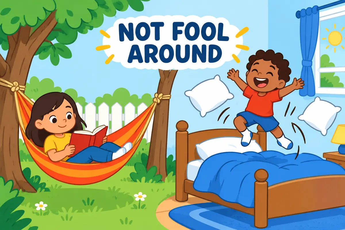A single cartoon scene contrasts a calm child reading in a hammock with an excitable child bouncing on a bed scattering pillows.