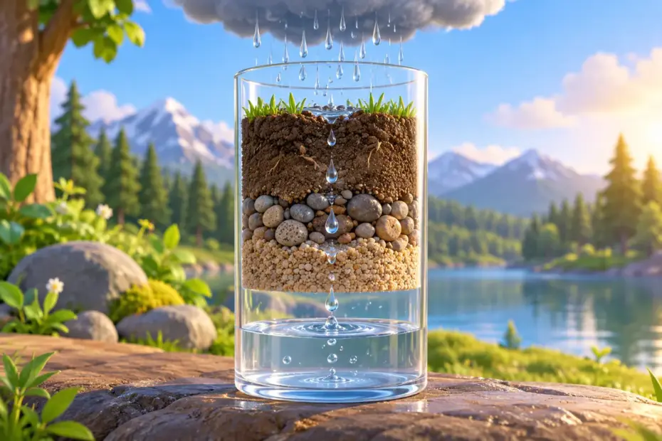Rainwater passing through a soil sample in a clear vessel.