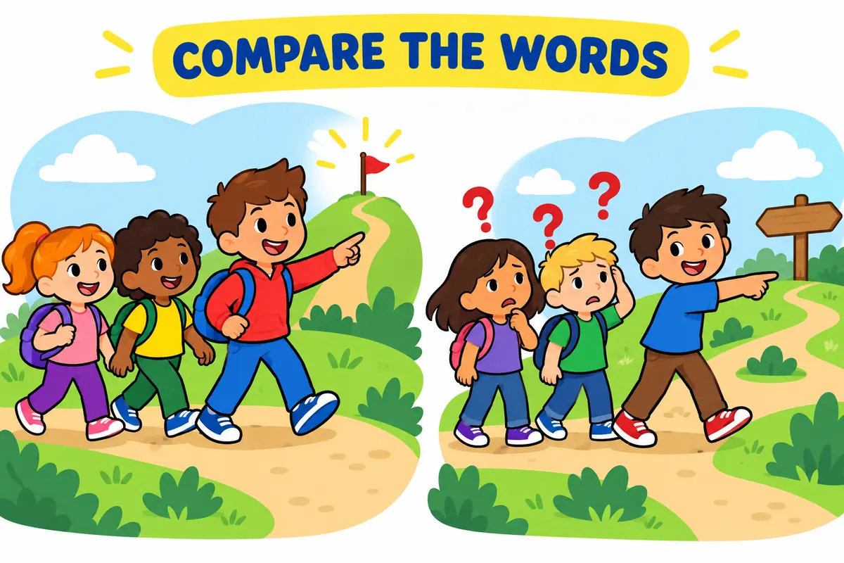 A cartoon contrasts lead on with the related term mislead.