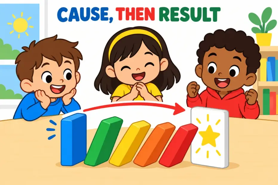 Cartoon pupils watch a row of falling dominoes tip a final card, showing lead to in a sentence as cause and result.