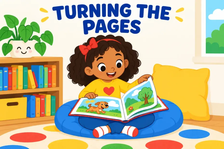 Cartoon child leafs through a colourful picture book in a reading corner, showing leaf through in a sentence as turning pages lightly.
