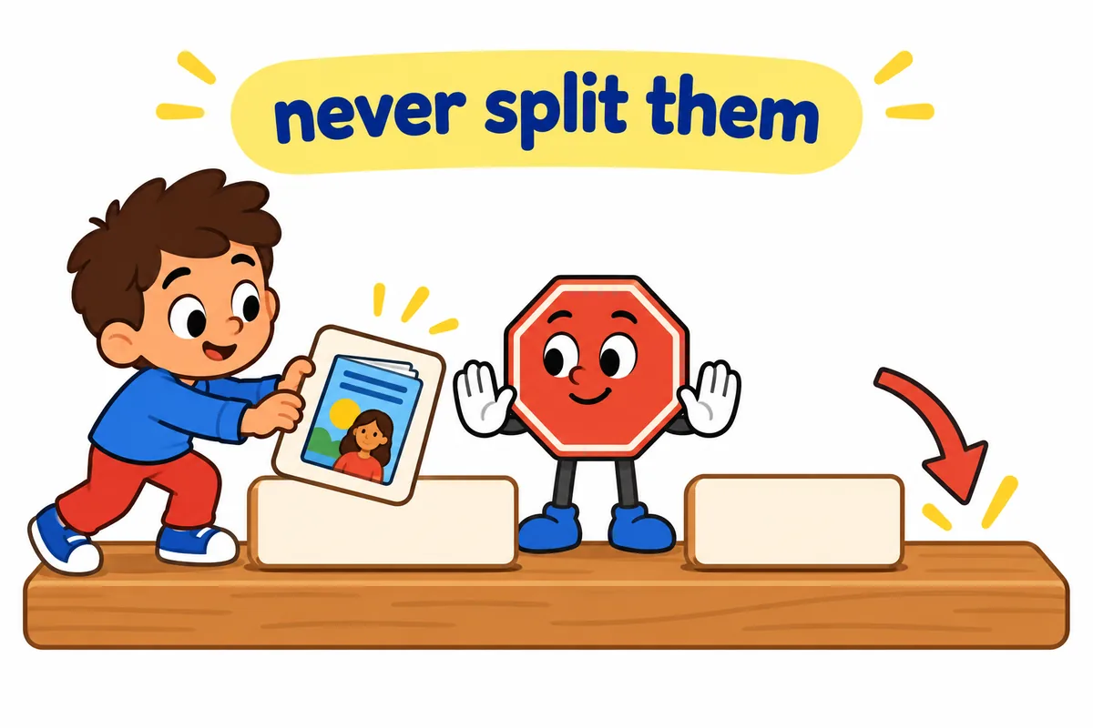A cartoon child tries to push a picture card between the words leaf and through on a sentence board and is gently stopped by a barrier.