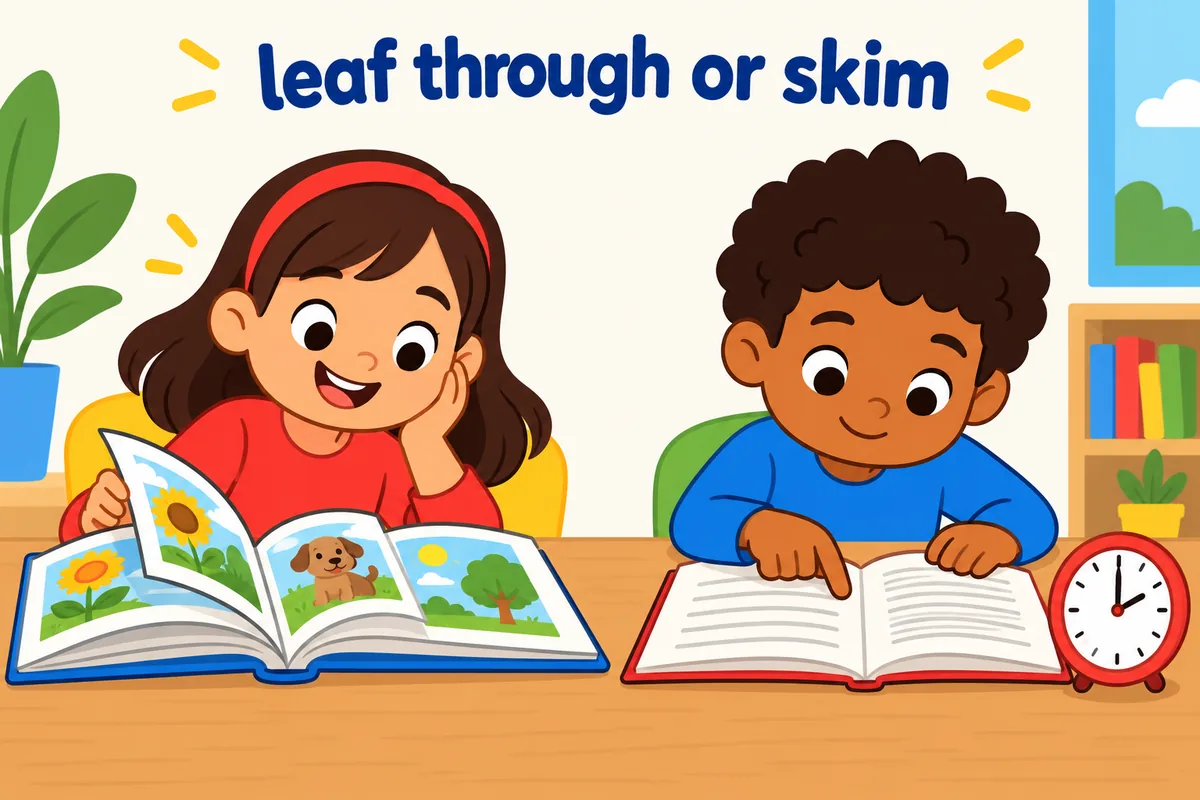 A single cartoon scene contrasts a child enjoying pictures in a book with a child racing through a page with a timer.