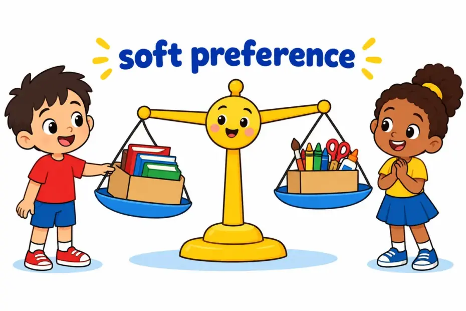 Cartoon children tip a large balance scale slightly toward one of two toy boxes, showing lean toward in a sentence as a soft preference.