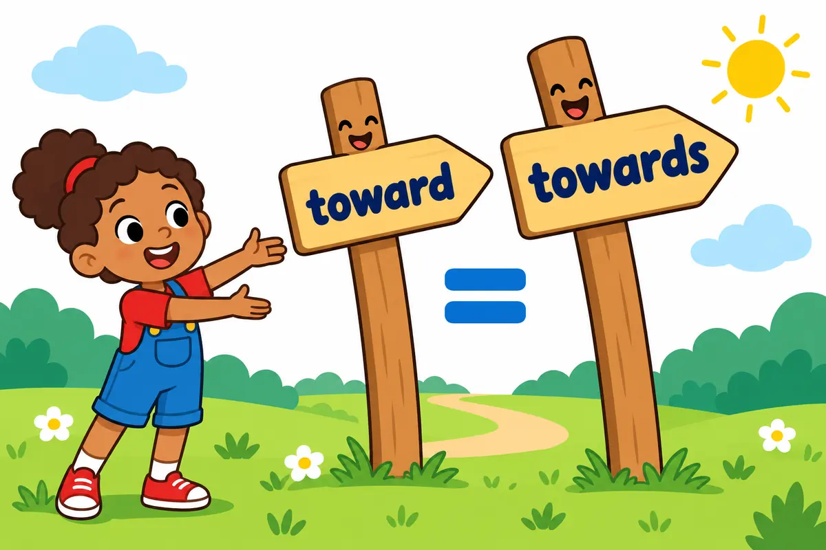 Two cartoon signposts lean slightly in the same direction, one labelled with a shorter spelling and one with a longer spelling.