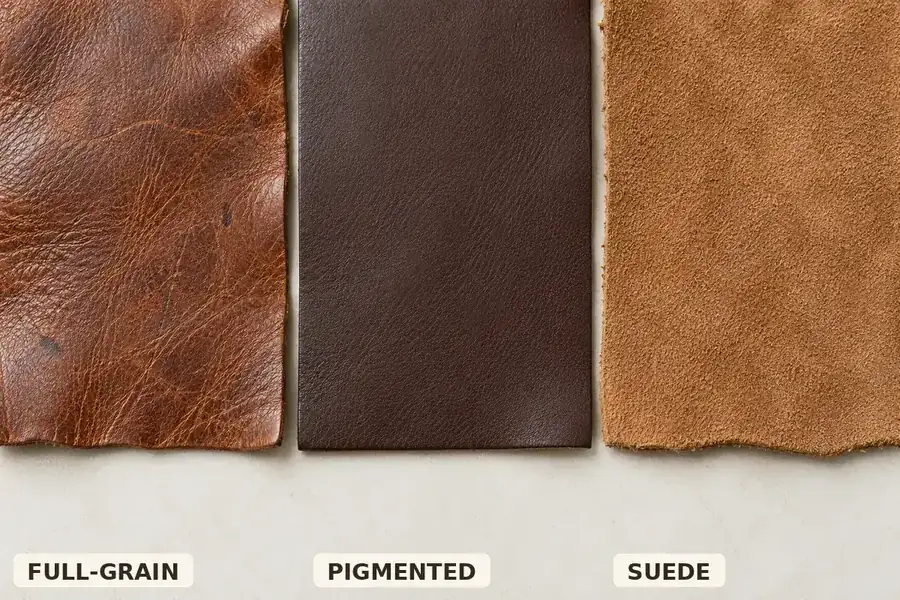 Three leather surfaces labeled full-grain, pigmented, and suede, showing pores, an even coated finish, and a napped surface