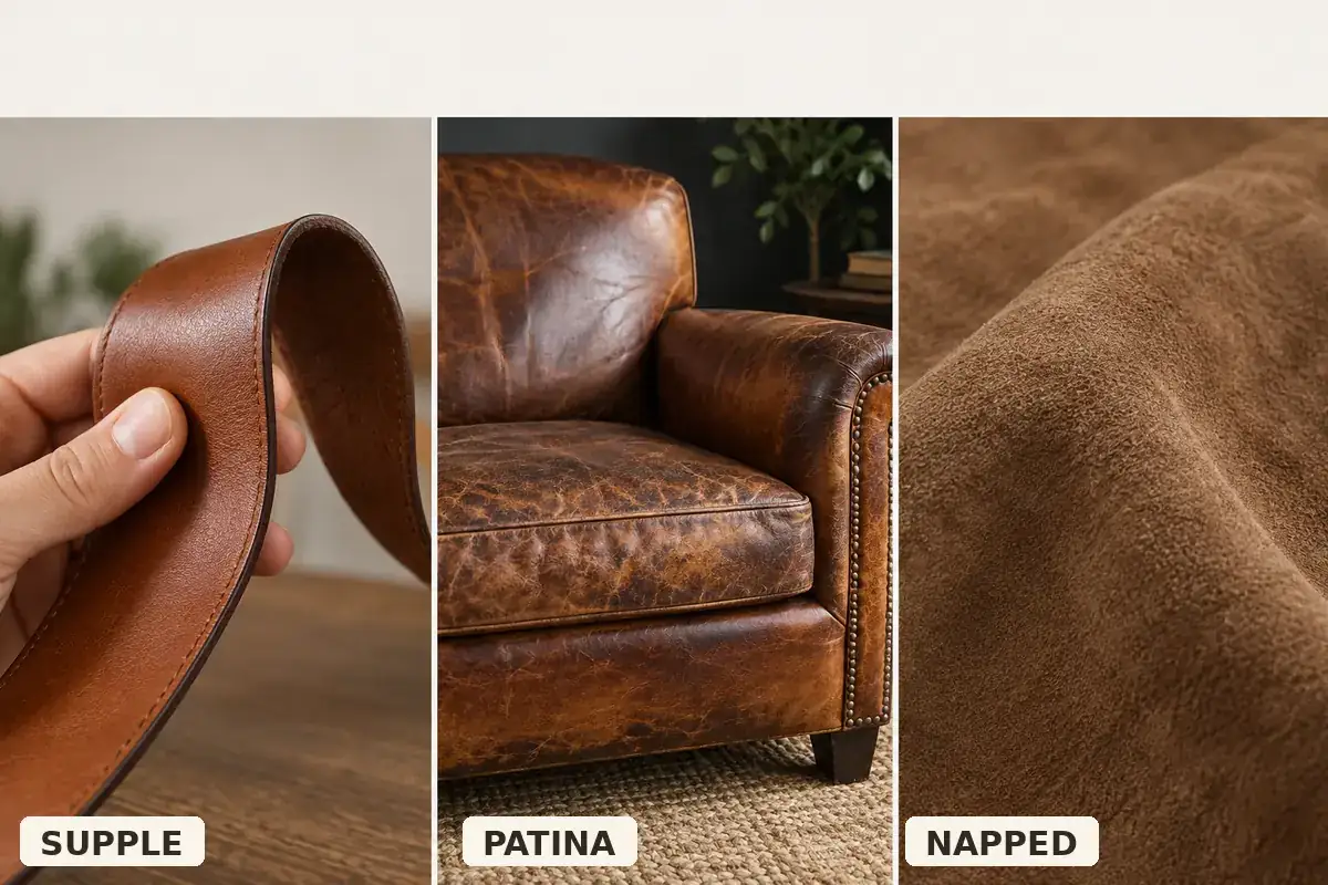 Supple leather strap bending easily, a patinated brown chair, and close-up napped suede