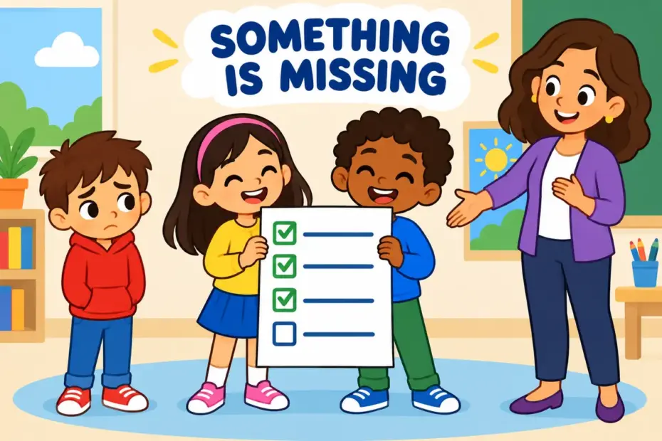 Cartoon classmates check a list with one empty space and a sad child standing apart, showing leave out in a sentence.