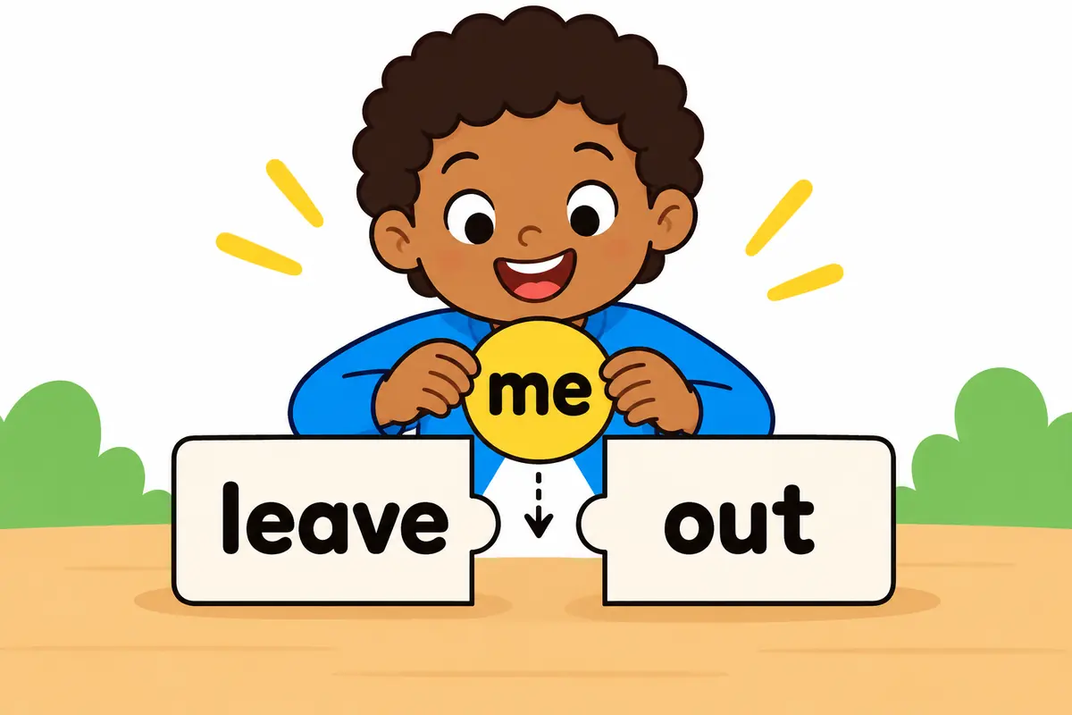 A cartoon child holds a card showing a word slotted into the middle of a two-part sign, showing leave me out.
