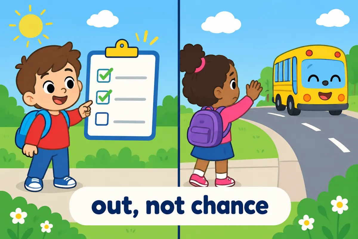 A cartoon split scene contrasts a blank list line with a child watching a departing bus.