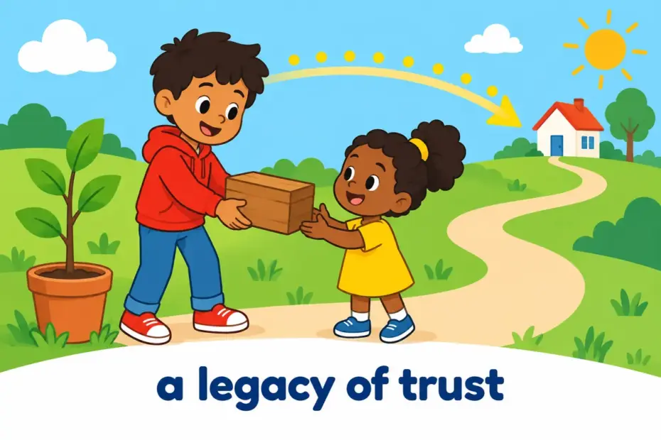 Cartoon children pass a wooden box along a timeline for legacy in a sentence, showing a gift or result handed down over time.